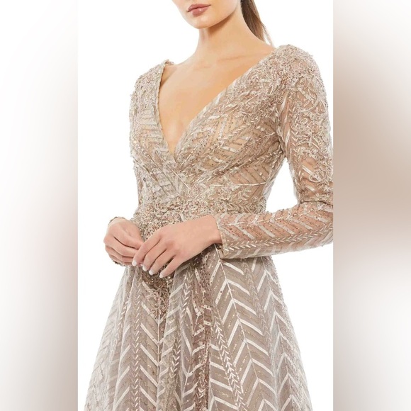 Mac Duggal Beige/Taupe Embellished Illusion Long Sleeve Wrap Over A Line Gown - Picture 4 of 12